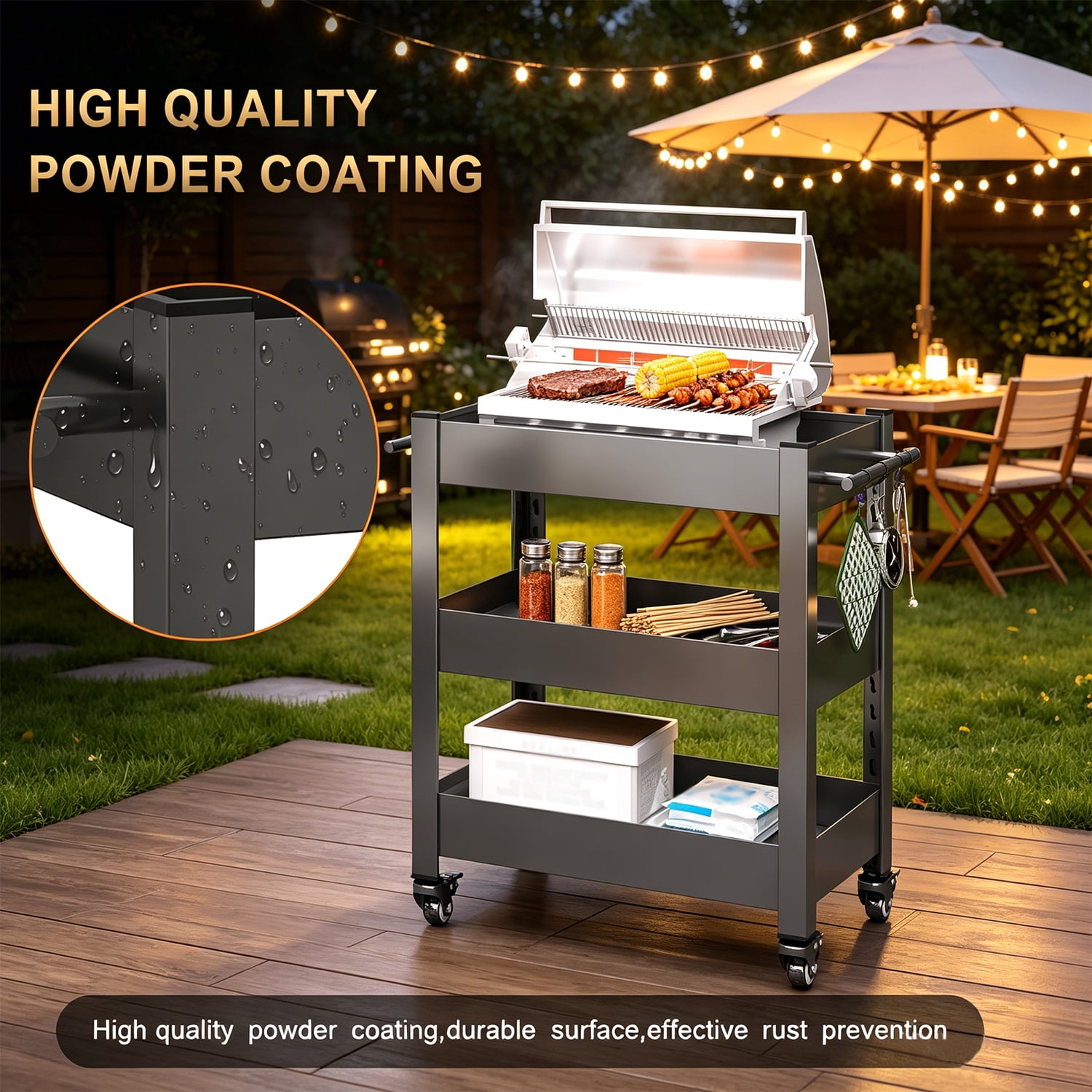 Heavy-Duty Grill Cart with 3-Tier Storage and Pegboard for BBQ