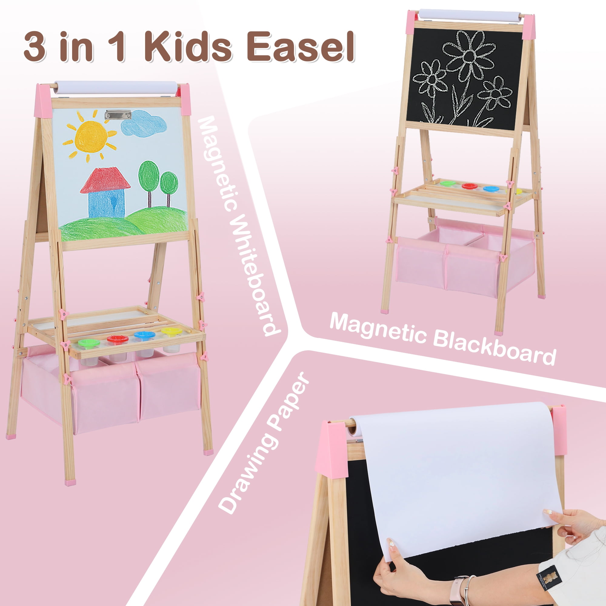 LINLUX Wooden Kid Easel for Paintings, Art Easel for Kid Double Side, Magnetic Whiteboard Chalkboard, Pink