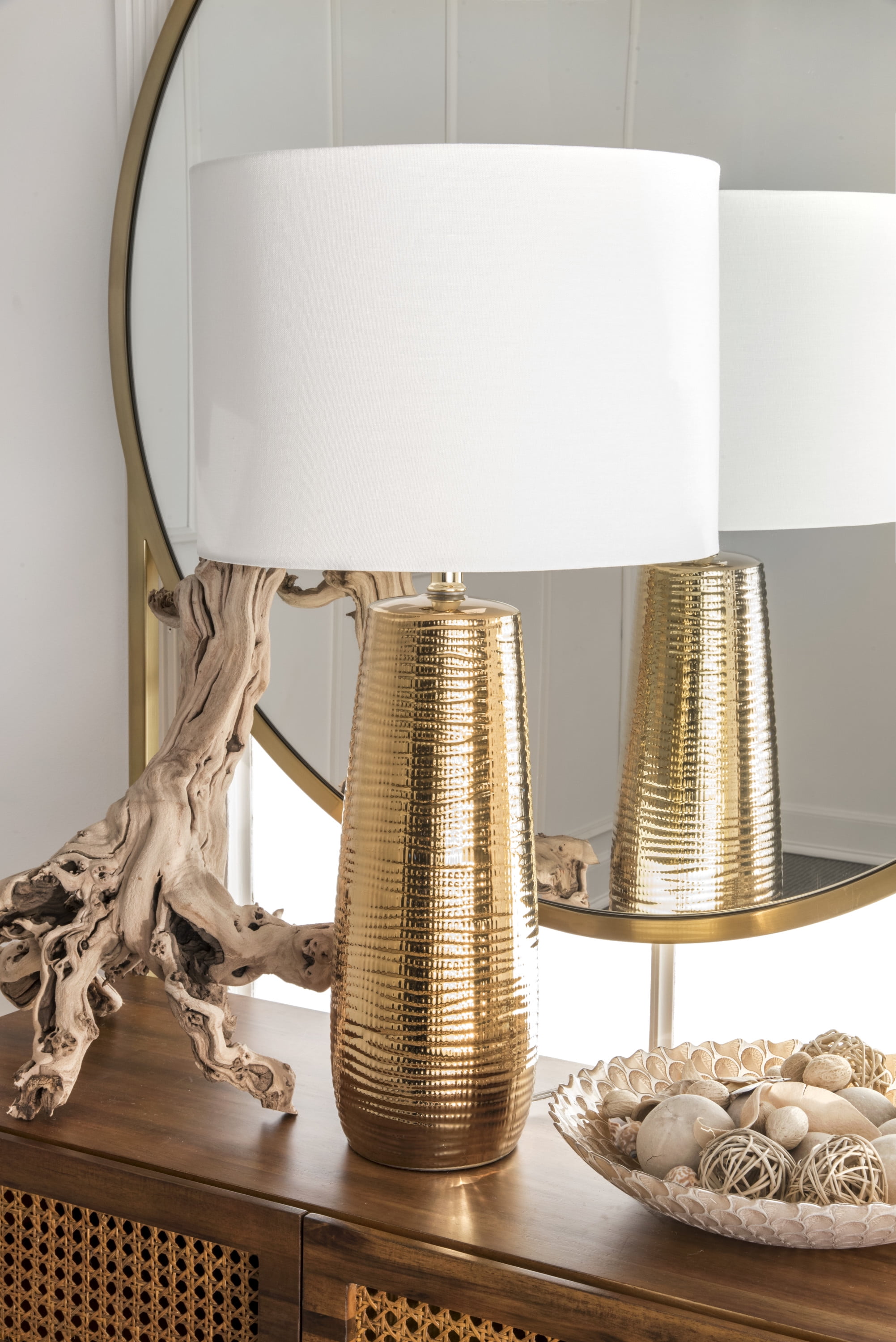Jonathan Y Sophia 30" Gold Resin LED Table Lamp - Linen Drum Shade, Bulb Included