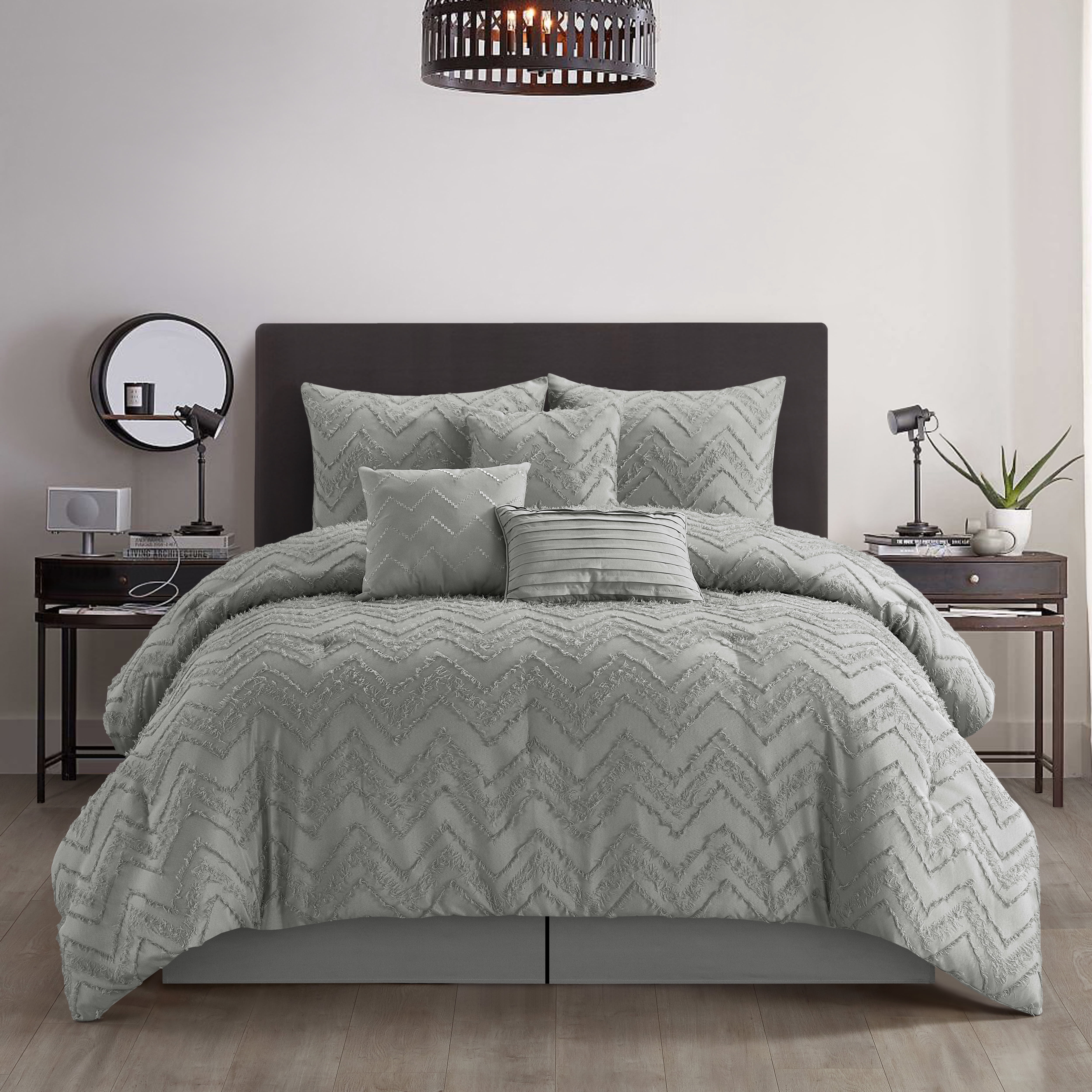 Lanco Chevron Shabby Chic 7 Piece Comforter Set Grey, Bed Size King, 100% Polyester Fill