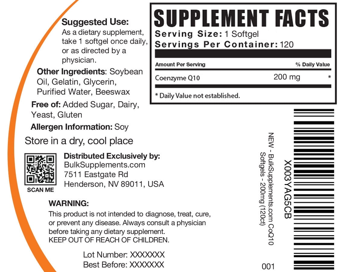 BulkSupplements Coenzyme Q10 (CoQ10) Softgels - 200mg per Serving (120 Softgels - 120 Servings)