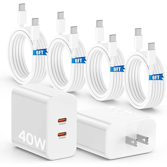 JAYUANONE 40W Dual Port USB‑C Fast Charger, 2 Pack Charging Block with 4 Pack 6FT USB‑C to USB‑C Cord for iPhone 16 Pro, iPhone 15 Pro, iPad, Samsung S24