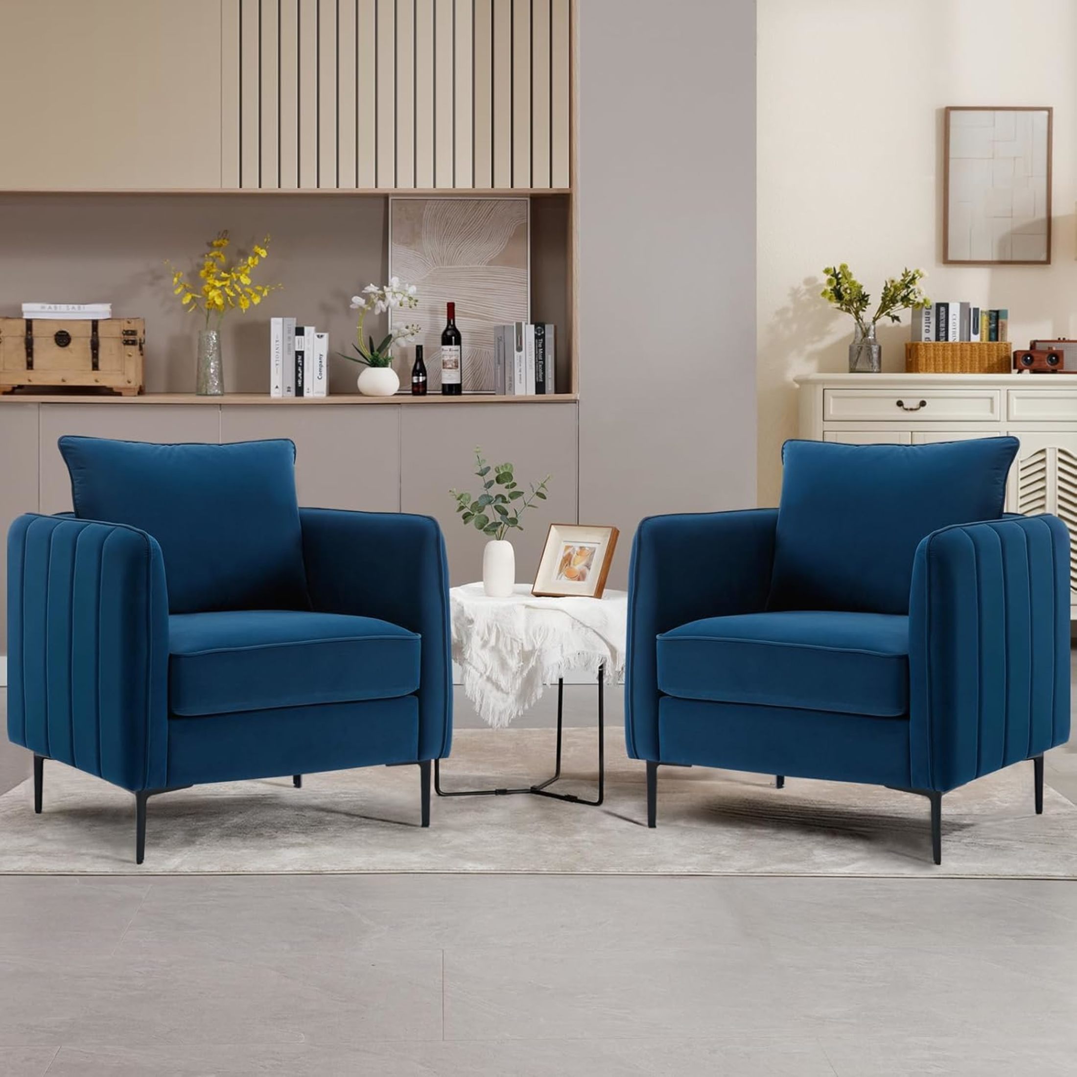 Noble House Mid-Century Modern Velvet Upholstered Accent Chair with Pillow, Metal Legs, Blue