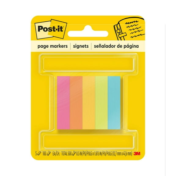Post-it® Page Markers, Assorted Colors , .5 in. x 1.875 in., 100 Sheets/Pad, 5 Pads/Pack