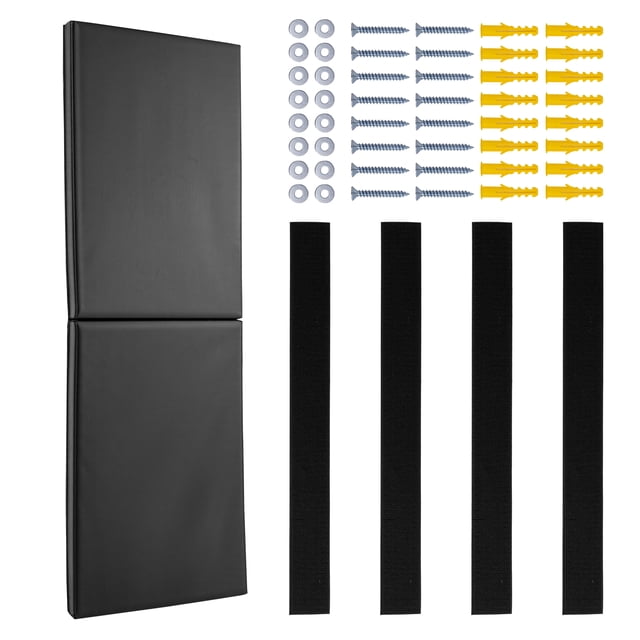 KFFKFF Gym Wall Padding, 60 x 20 x 2 inch tear-resistant wall mat in black, featuring a high-density pearl foam core and durable PVC mesh fabric. The padding includes segmented hook-and-loop tape for easy installation, along with screws, washers, and expansion screws for secure mounting. Designed for basketball courts, gyms, and home play areas, it provides impact absorption and wall protection.