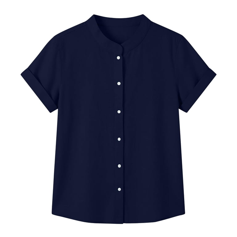 VNKIDY Womens Stand Collar Rolled Short Sleeve Solid Color Button