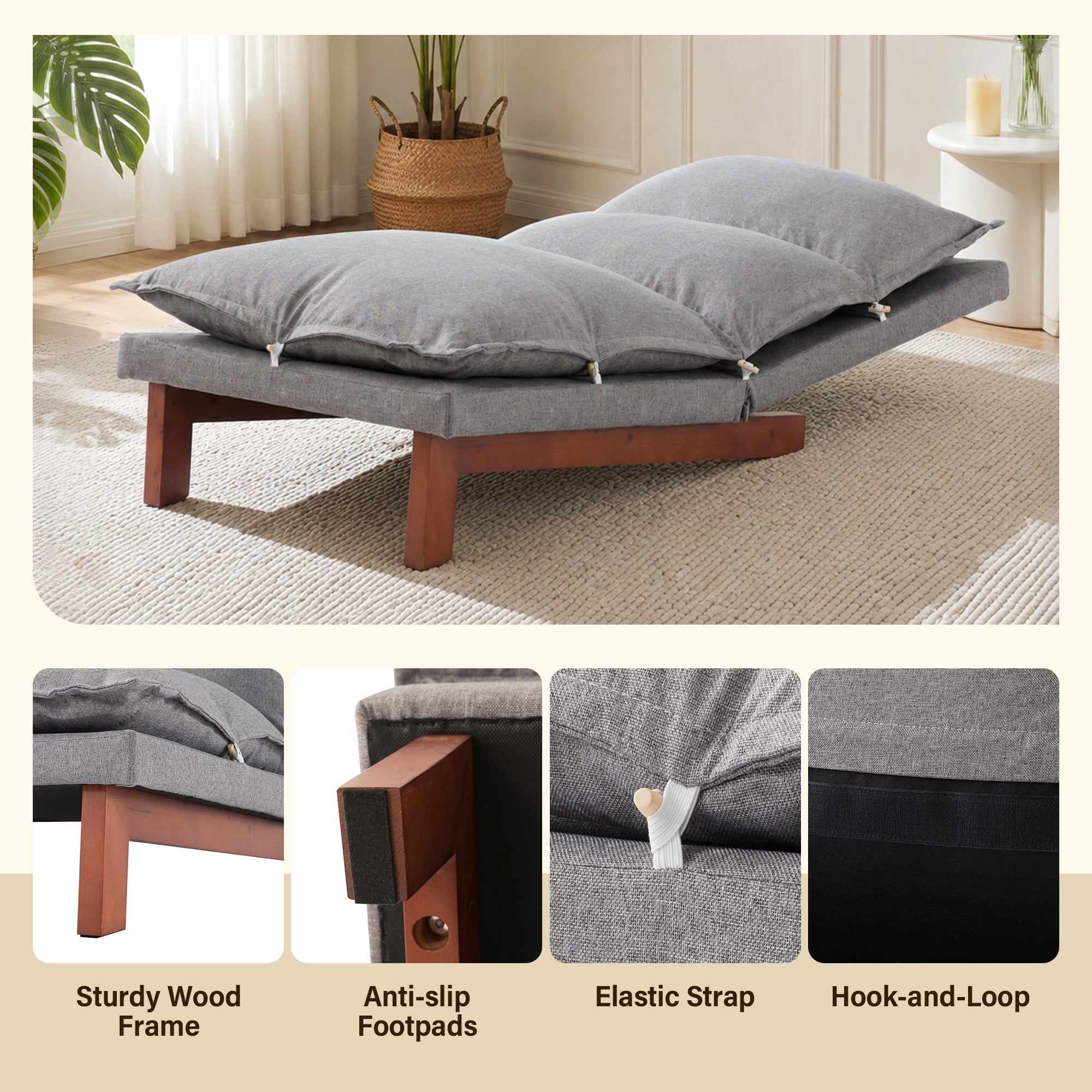 AENKYO 5-Position Adjustable Floor Lounge Chair, Gray Linen Tatami Recliner with Solid Wood Legs for Living Room