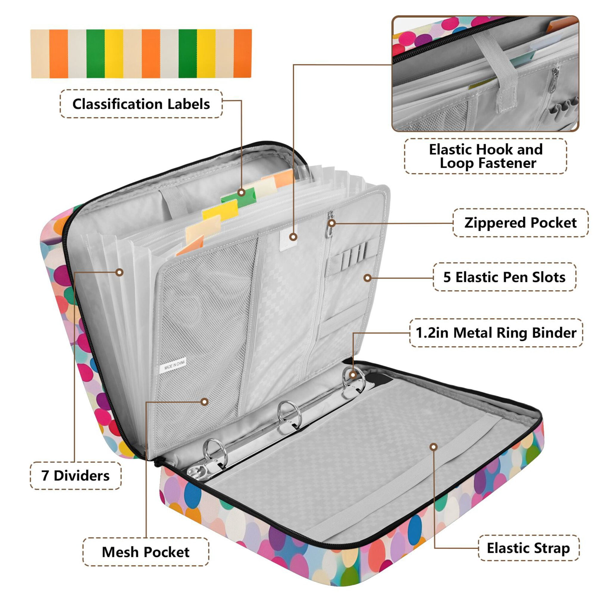 FORMRS Accordion File Folder A4 Size 7-Pocket Expanding Document Organizer Bag with 3 Ring Binder, Light Colorful Circles