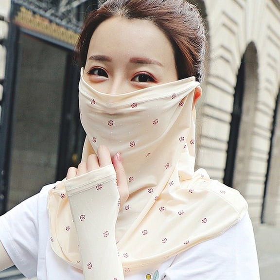Women's Printed Ice Silk Scarf, Sun Protection Neck Gaiter and Face Cover, Lightweight UV Scarf for Summer, Fashion Thin Scarf for Outdoor Activities and Travel-Beige