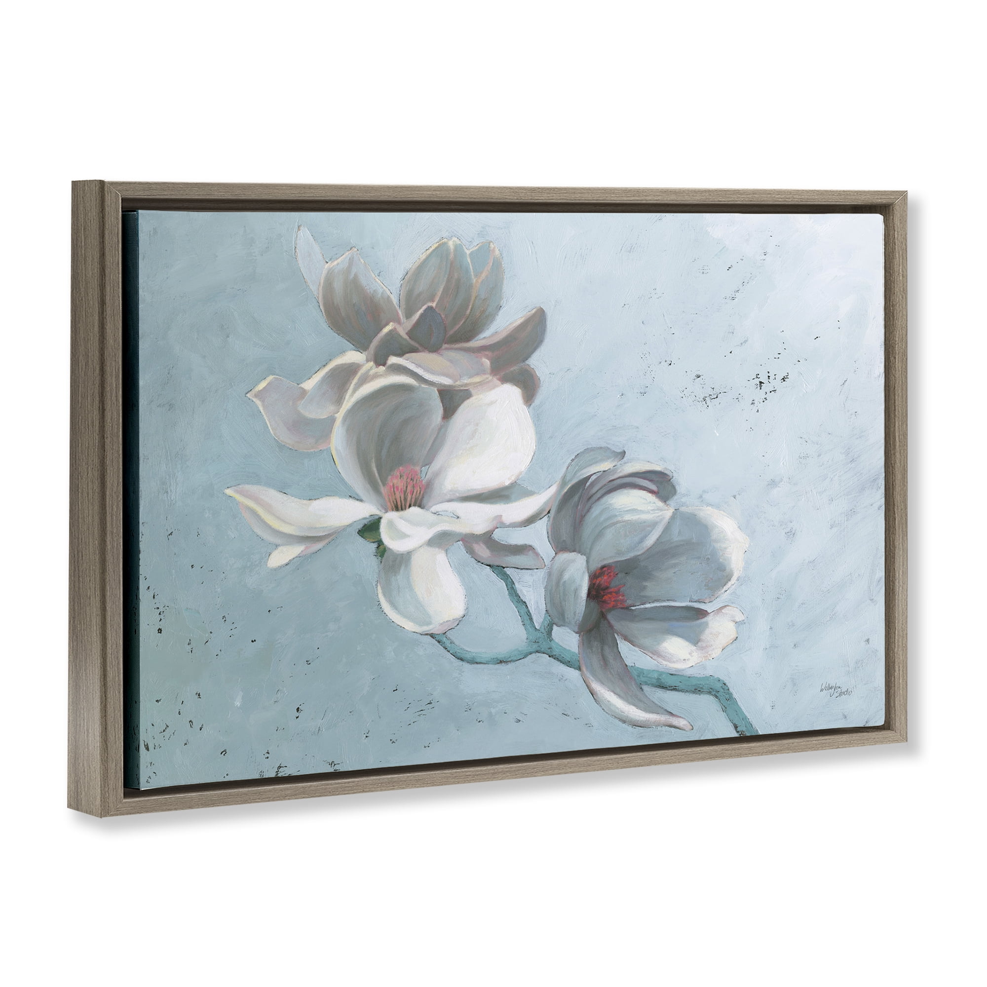 Stupell Industries Magnolia Branch on Blue Botanical & Floral Painting Brown Floater Framed Art Print Wall Art, 25 x 17