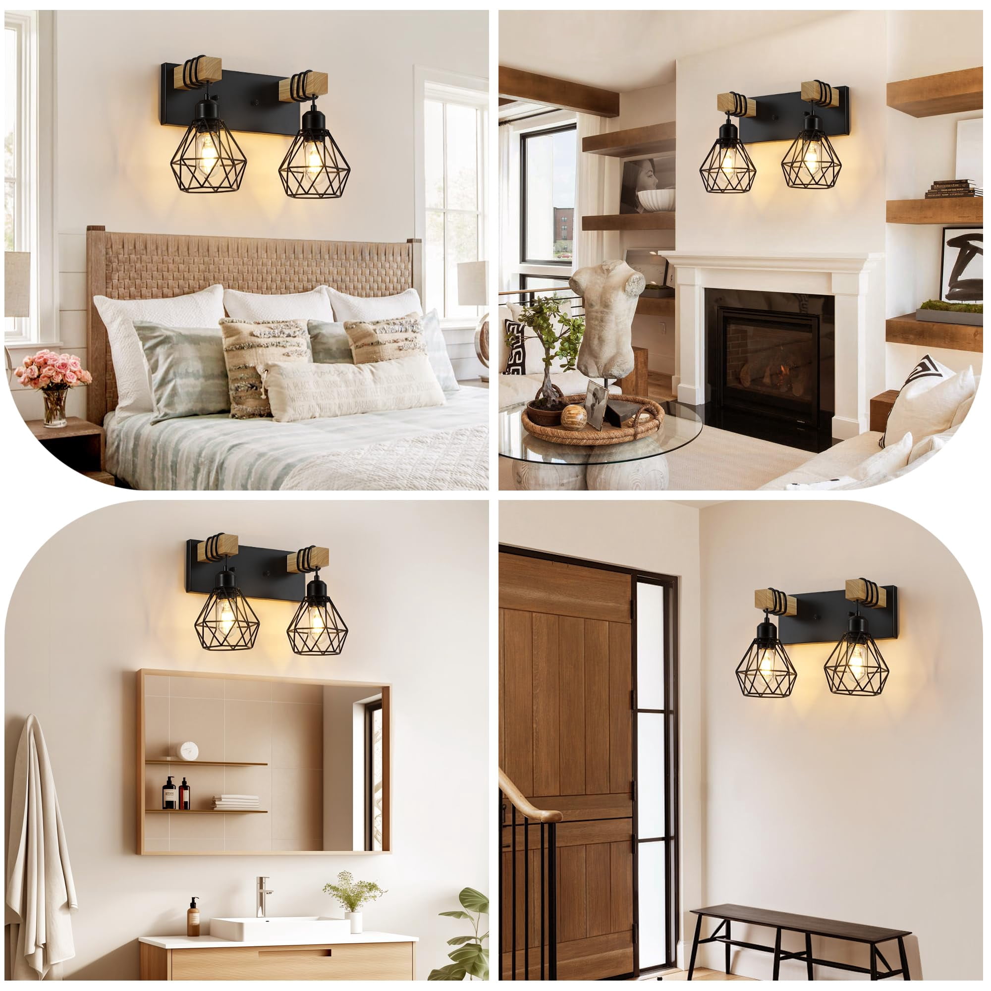 2-Light Black Vanity Light Wood Fixture Rustic Wall Lighting for Bathroom Bedroom Hallway