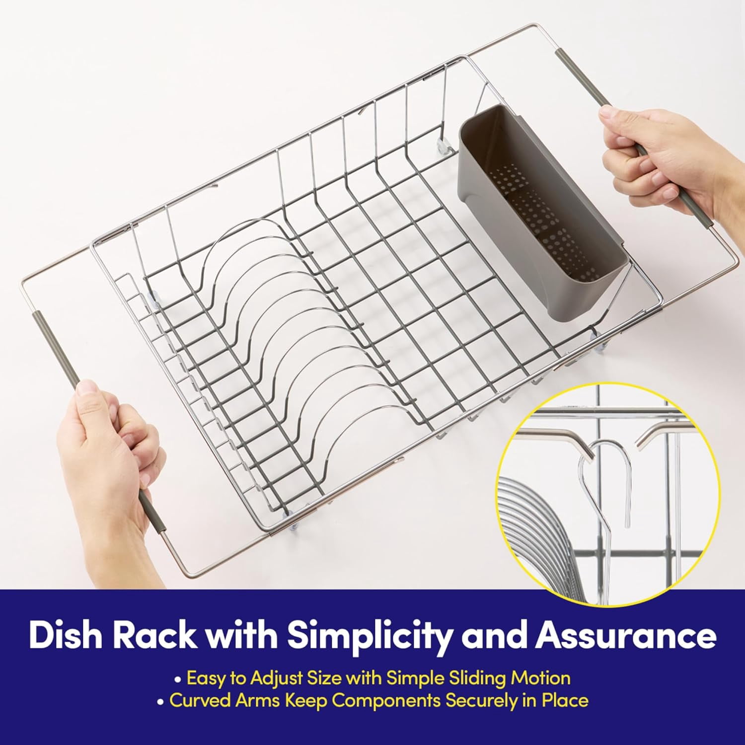Dish Drying Rack Over The Sink Expandable to 24.5" Dish Drainer — Space-Saving Rectangular Kitchen Extending Drying Station with Utensil Holder, Fits Most Sinks for Easy Dish Organization, Gray