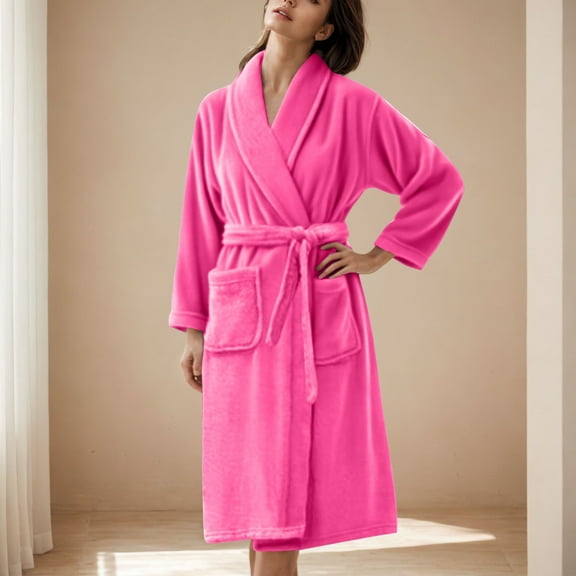 Women Flannel Robe, Knee Length Soft Warm Bathrobe Absorbent Towel Nightgown Winter Soft Housecoat with Pockets New Sleepshirts Plus Size Pinks XXL