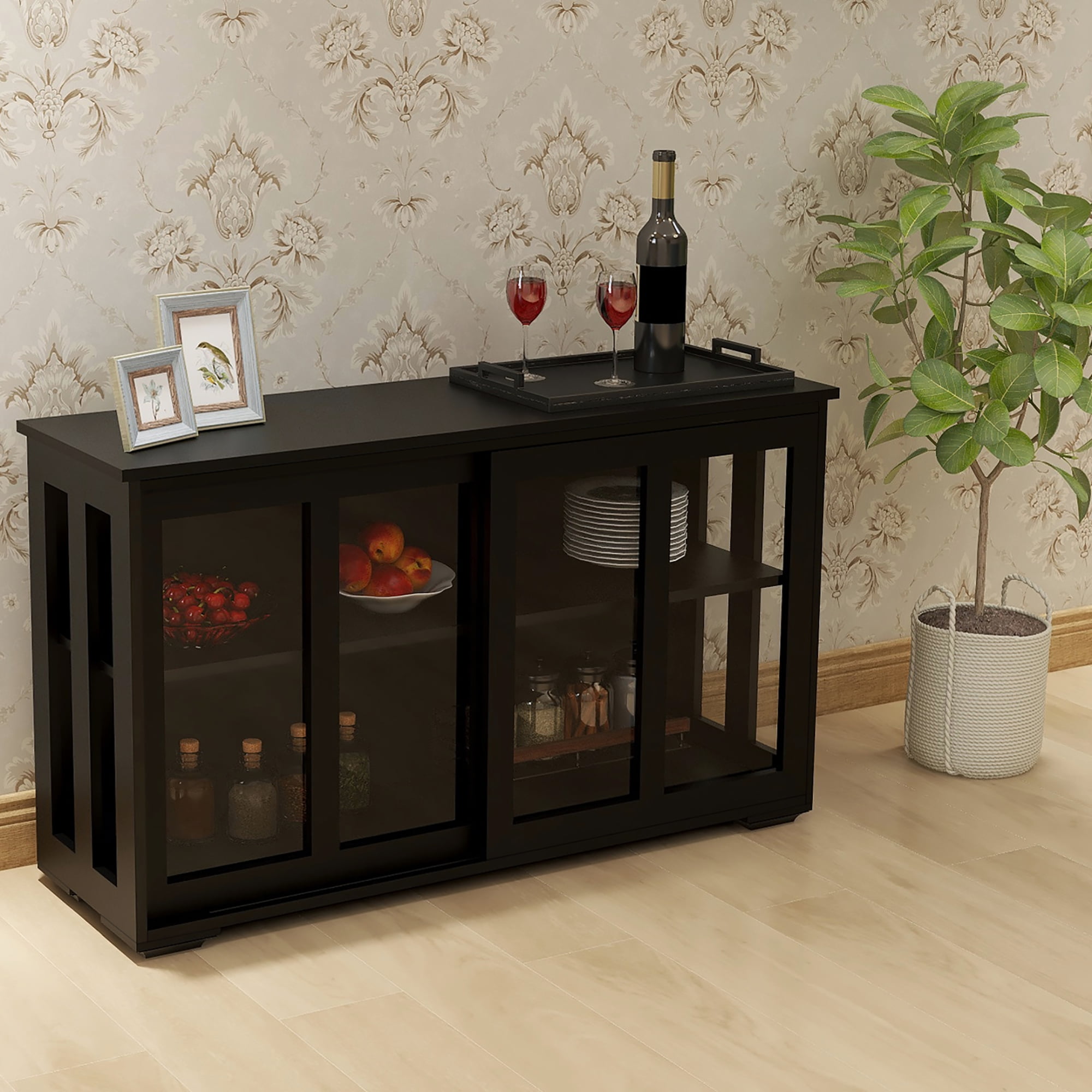 Kitchen Storage Cabinet,Sideboard Buffet Cupboard with Glass Door,Pantry Organizer, Freestanding Kitchen Cabinet,Black