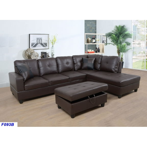 Sectional Sofa Couch,L-Shaped Modern Style with Storage Ottoman 3-Piece for Living Room | Faux Leather (Right Hand Facing, Brown)
