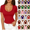 thumbnail image 6 of Fmbrln Womens Tops Short Sleeve V Neck T-Shirts Summer Casual Ribbed Slim Fit Color Block Blouses Tops, 6 of 6