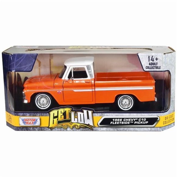 1966 Chevrolet C10 Fleetside Pickup Truck Lowrider Orange Métallique avec Dessus Blanc "Get Low" Series 1/24 Diecast Modèle de Voiture par Motormax