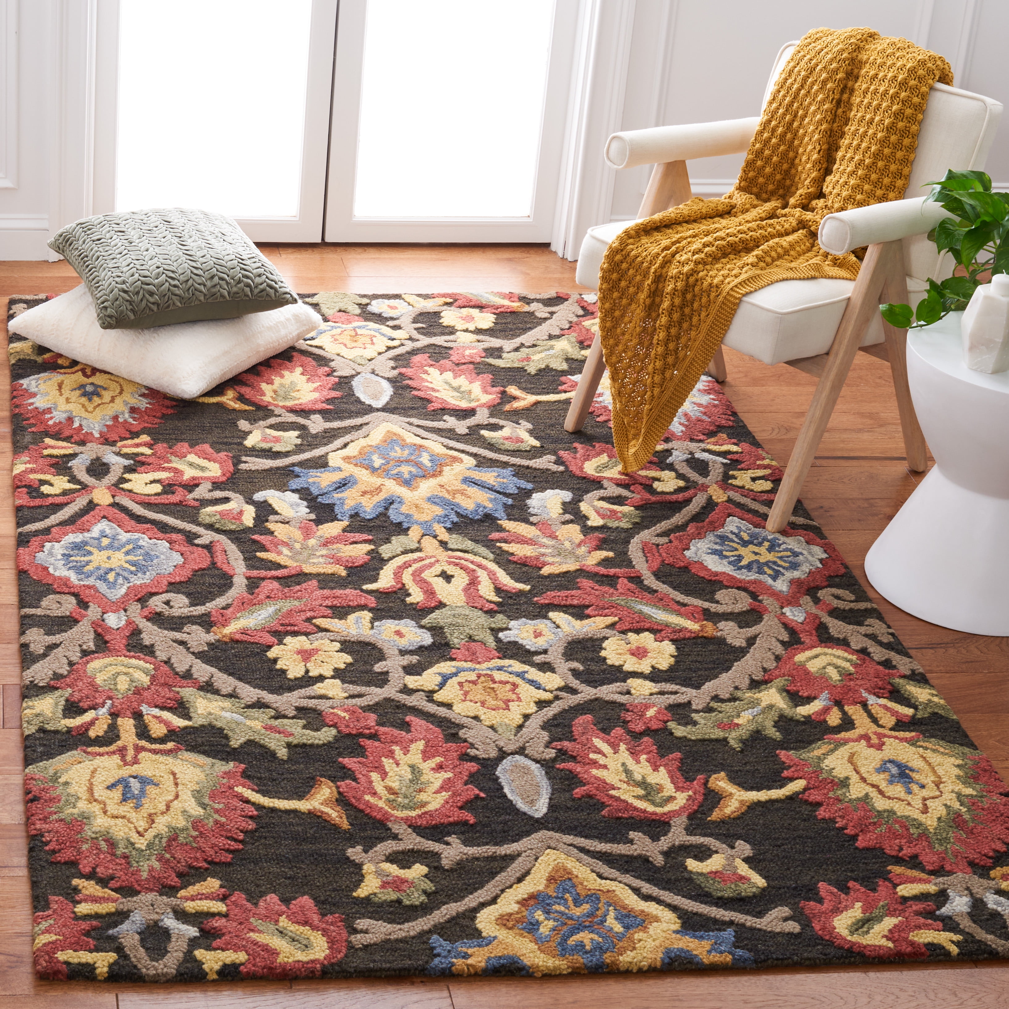 SAFAVIEH Blossom Lennon Floral Wool Area Rug, Charcoal/Multi, 6' x 9'