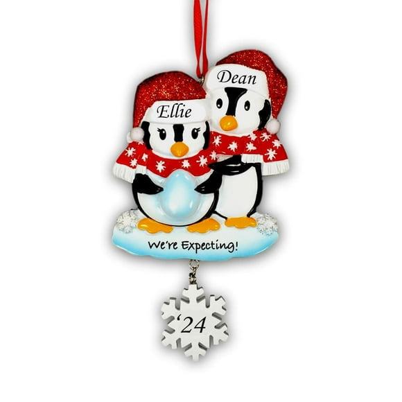 Pregnant Couple Christmas Ornament, Penguin Family Expecting Baby Keepsake Gift, Christmas Tree Decoration with Custom Name and Date