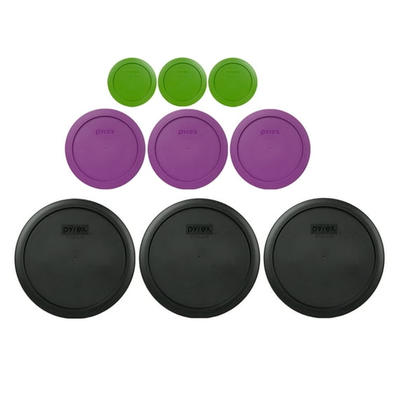 Pyrex (3) 7200-PC Lawn Green, (3) 7201-PC Thistle Purple, and (3) 7402-PC Black Plastic Replacement Lids