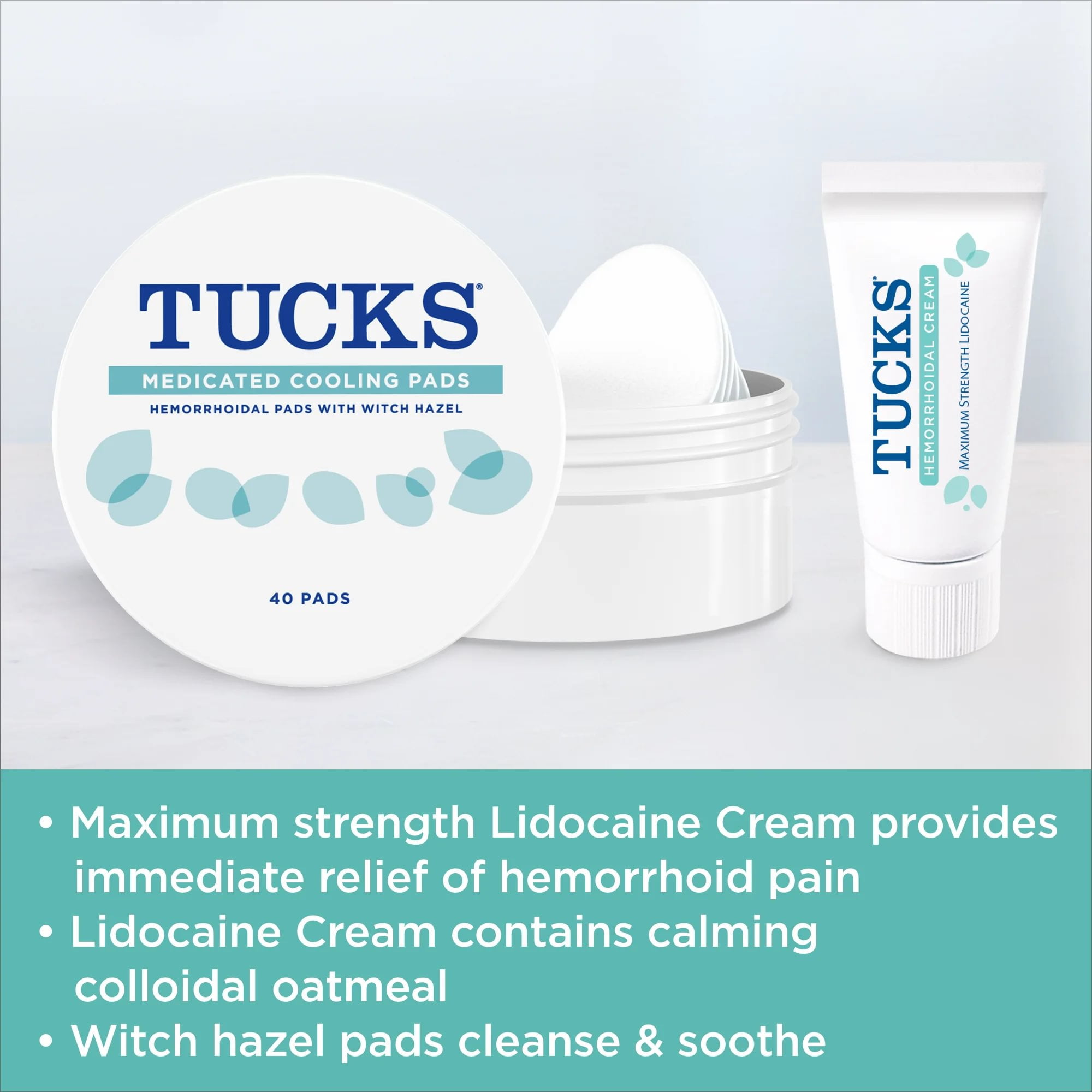 TUCKS Hemorrhoid Relief Kit with Lidocaine Cream and Witch Hazel Pads, 40 Count