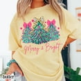 thumbnail image 3 of Merry & Bright Christmas Tree Graphic Print T-Shirt | Pink Holiday Bow Design | Comfort Colors Blossom Tee, 3 of 7