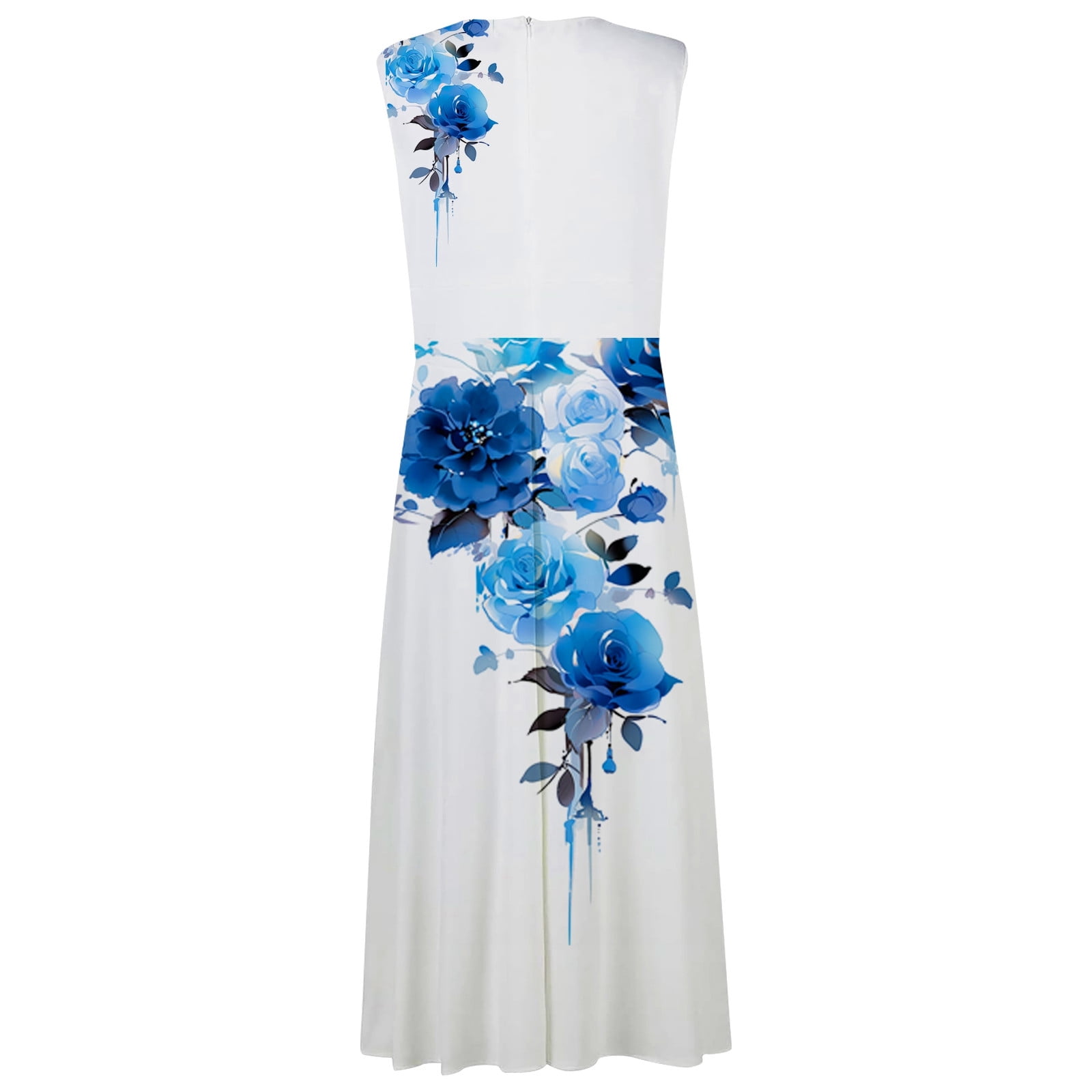 Womens Dress Mature Womens Dresses Ladies Fashion Casual V Neck Floral Print Sleeveless Dress Long Dress Adult Female Clothes Blue Size M