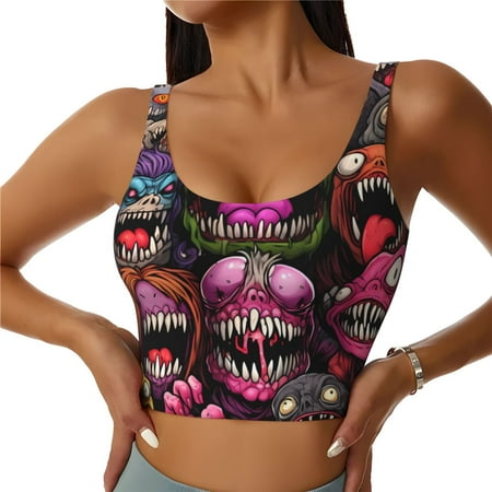 Adobk Monstrous Cartoon Characters Print Sports Bras for Women Longline Workout Crop Tank Tops Padded with Built in Shelf Padded Sports Bra-Large