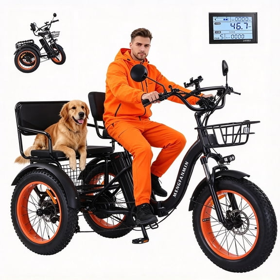 MENGFANMIN Electric Tricycle for Adults,Folding 20”x4.0”Fat Tire Electric Trike,750w,7-Speed,3 Wheel Ebike with Rear Seat,48V15Ah Battery,Ideal for Shopping and Carrying Passenger