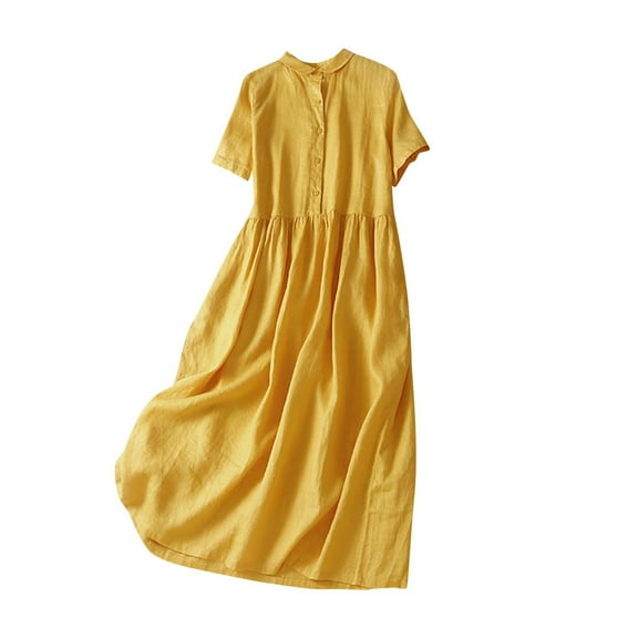 Kaemgyyd Cotton Linen Dresses for Women Short Sleeve Button Flowy Sundress Breathable Beach Vaction A-Line Dresses