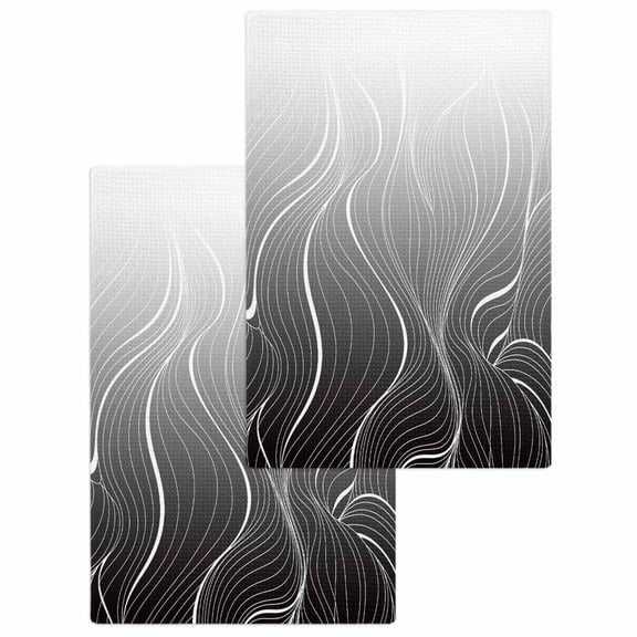 Black Geometric Kitchen Dish Towels for Drying Dishes Set of 2, Modern White Stripe Abstract Distortion Art Waffle Weave Microfiber Hand Tea Bathroom Towels Quick Dry & Absorbent Towel 15.7x23.6