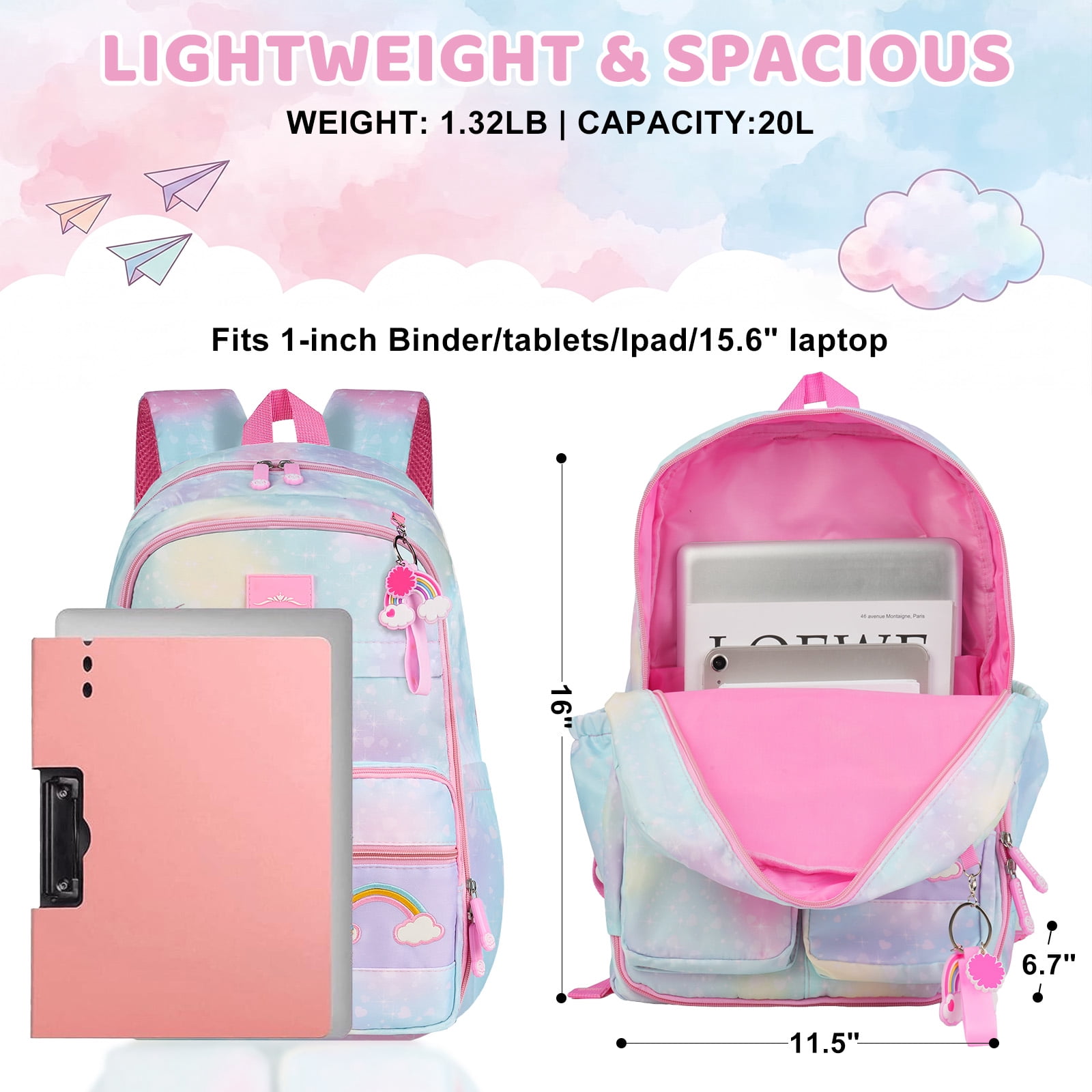 DAKIMOE School Backpack Starry Rainbow Bookbag Cute Large Capacity Backpack Multifunction Fashion Casual Laptop Travel Daypacks Kawaii Bag For Teens Students, Blue, 17 inch