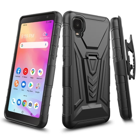 Compatible for Alcatel TCL A3 Case / TCL A30 / TCL ION Z Case with Holster Belt Clip Hybrid Shockproof Protective Phone Cover with Kickstand - Black