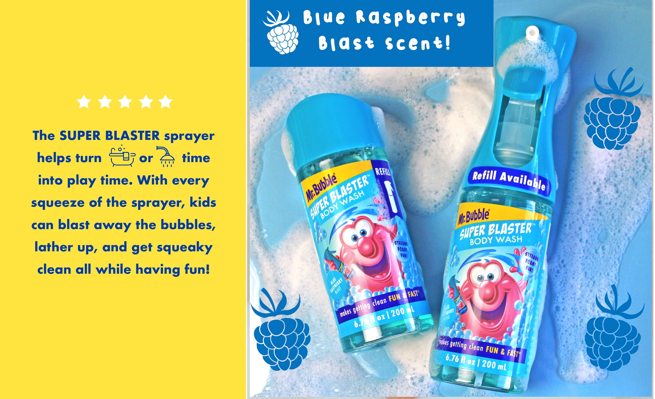 Mr. Bubble Blue Raspberry Blast Super Blaster Body Wash Refill, 6.76 fl oz.