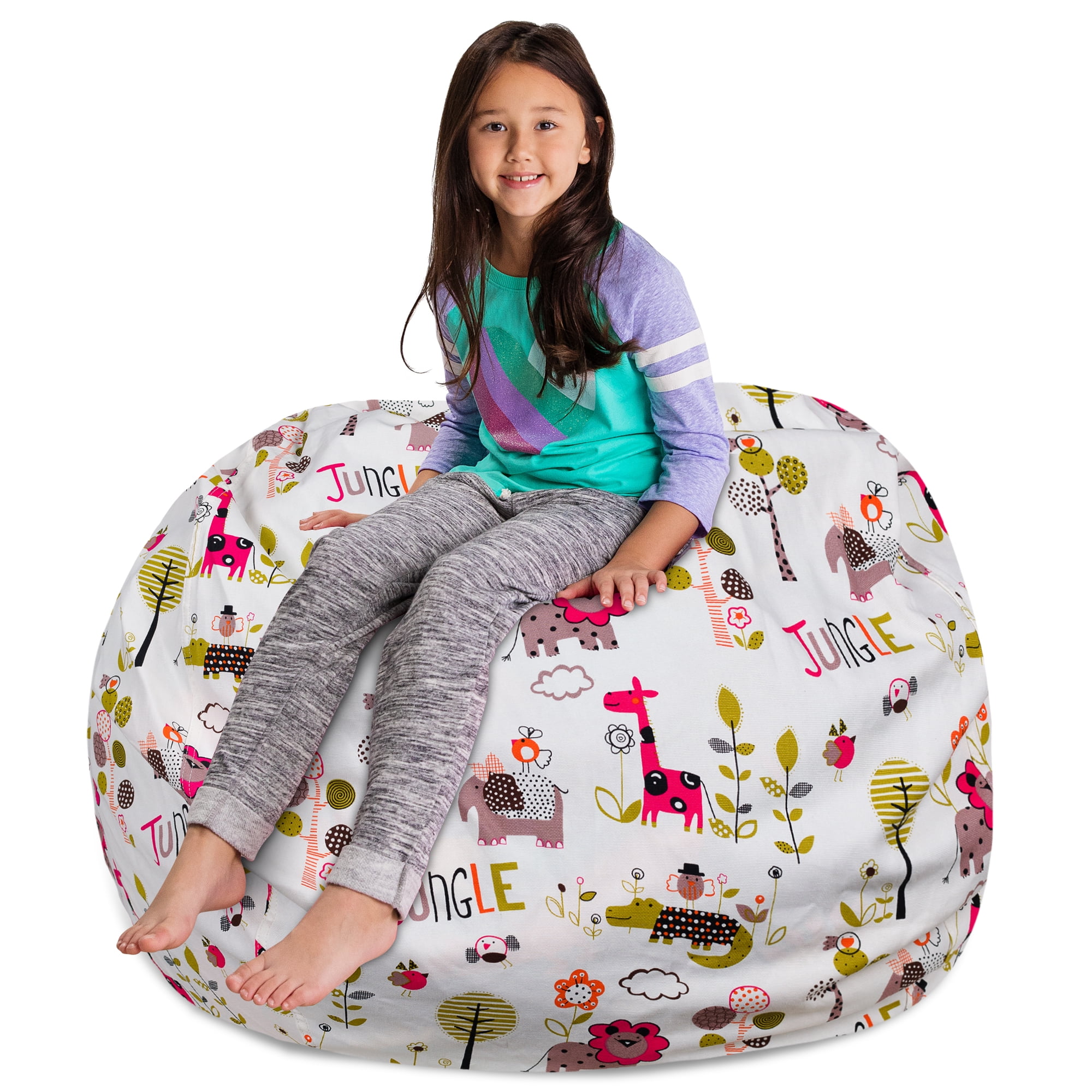 Posh Creations Bean Bag Stuffable Cover - Toy Organizer, Soft Cover, Kids, 4 ft, Canvas Jungle Animals on White