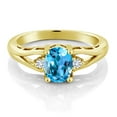 thumbnail image 2 of 18K Yellow Gold Plated Silver Swiss Blue Topaz and White Lab Grown Diamond 3 Stone Engagement Ring for Women | 1.58 Cttw | Oval 8X6MM | Round 2MM | Gemstone November Birthstone | Size 6, 2 of 4