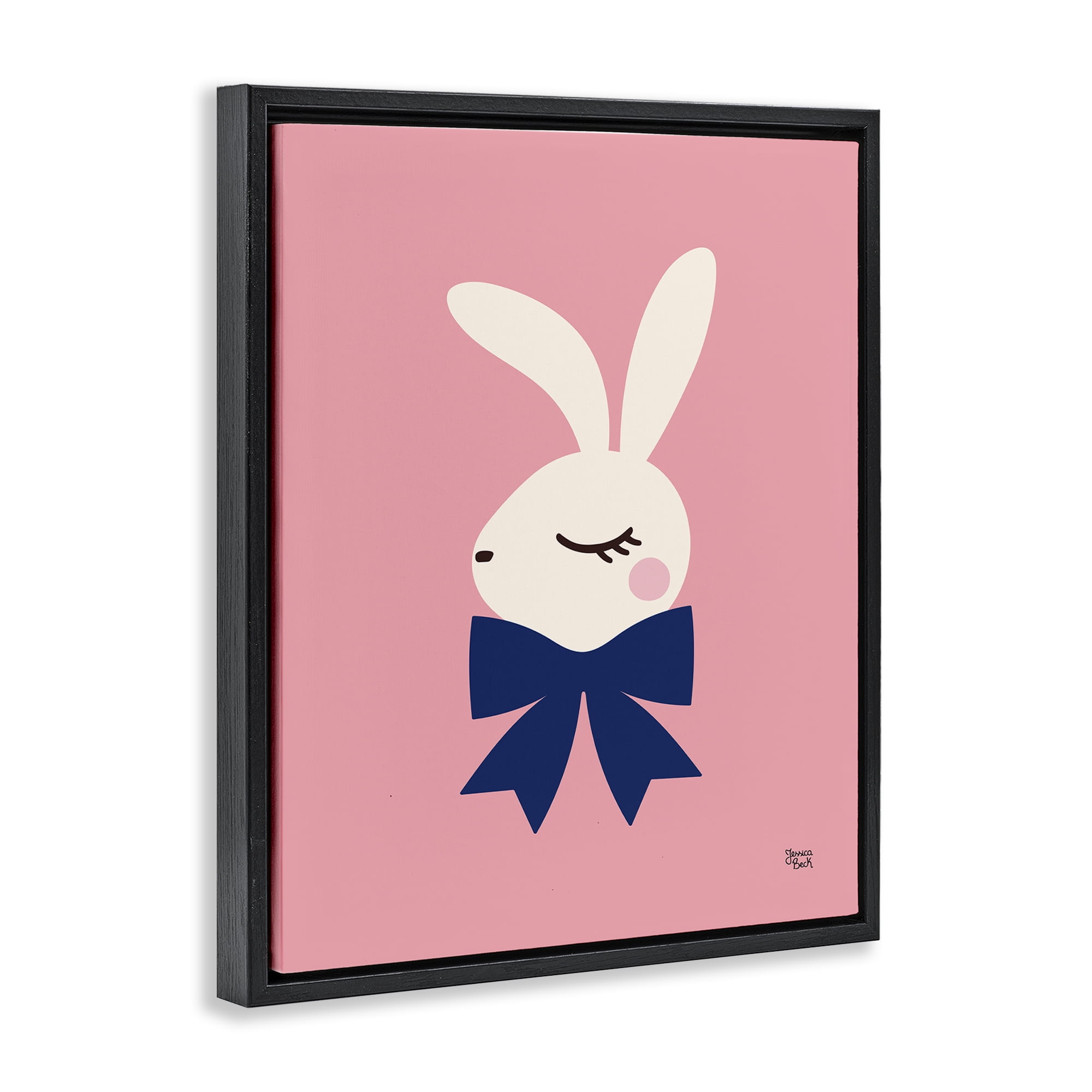 Stupell Industries Rabbit with Ribbon on Pink Animals Painting Black Floater Framed Canvas Art Print Wall Art, 17 x 21
