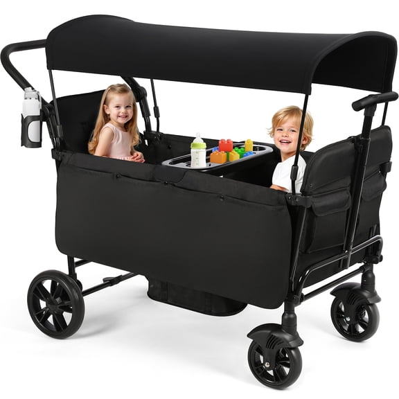 Vomeast Wagon Stroller for Kids,Spacious 2-Seater Stroller Wagon with Adjustable Canopy,Pull & Push Handle,5-Point Harness,Foldable for Toddlers, Black