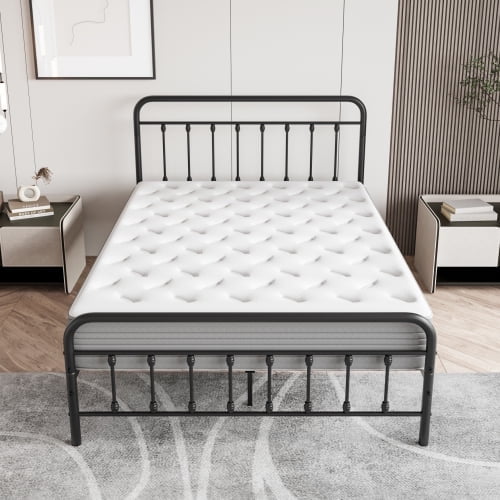 Nmkwnr Modern Metal Platform Bed Frame with Headboard / Strong Slat Support / No Box Spring Needed, Black
