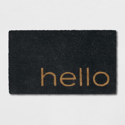 1'6"x2'6"/18"x30" Hello Coir Doormat Black - Outdoor Front Door Mat, Modern Typography, Medium Pile