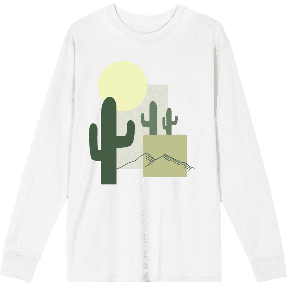 Natural World Cacti & Shapes White Adult Crew Neck Long Sleeve Tee-Medium