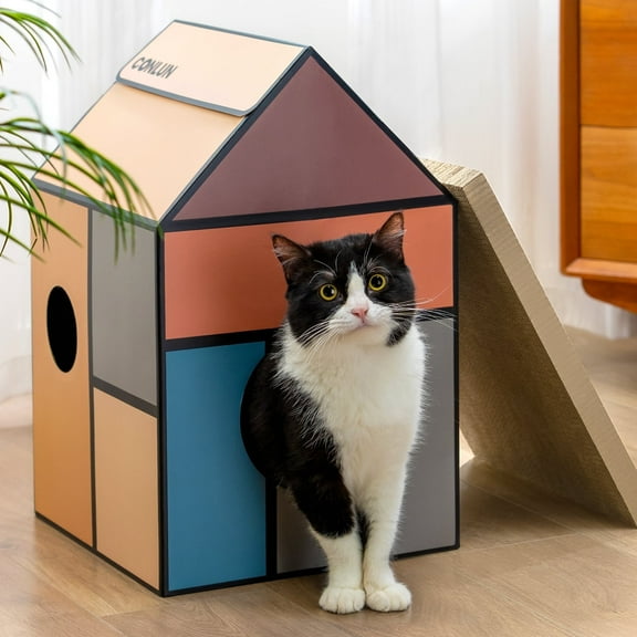 Conlun Cat Scratcher Cardboard Cat House with Cat Scratching Pad&Catnip,Removable Cat Scratcher Pad Home Toy for Indoor Cats