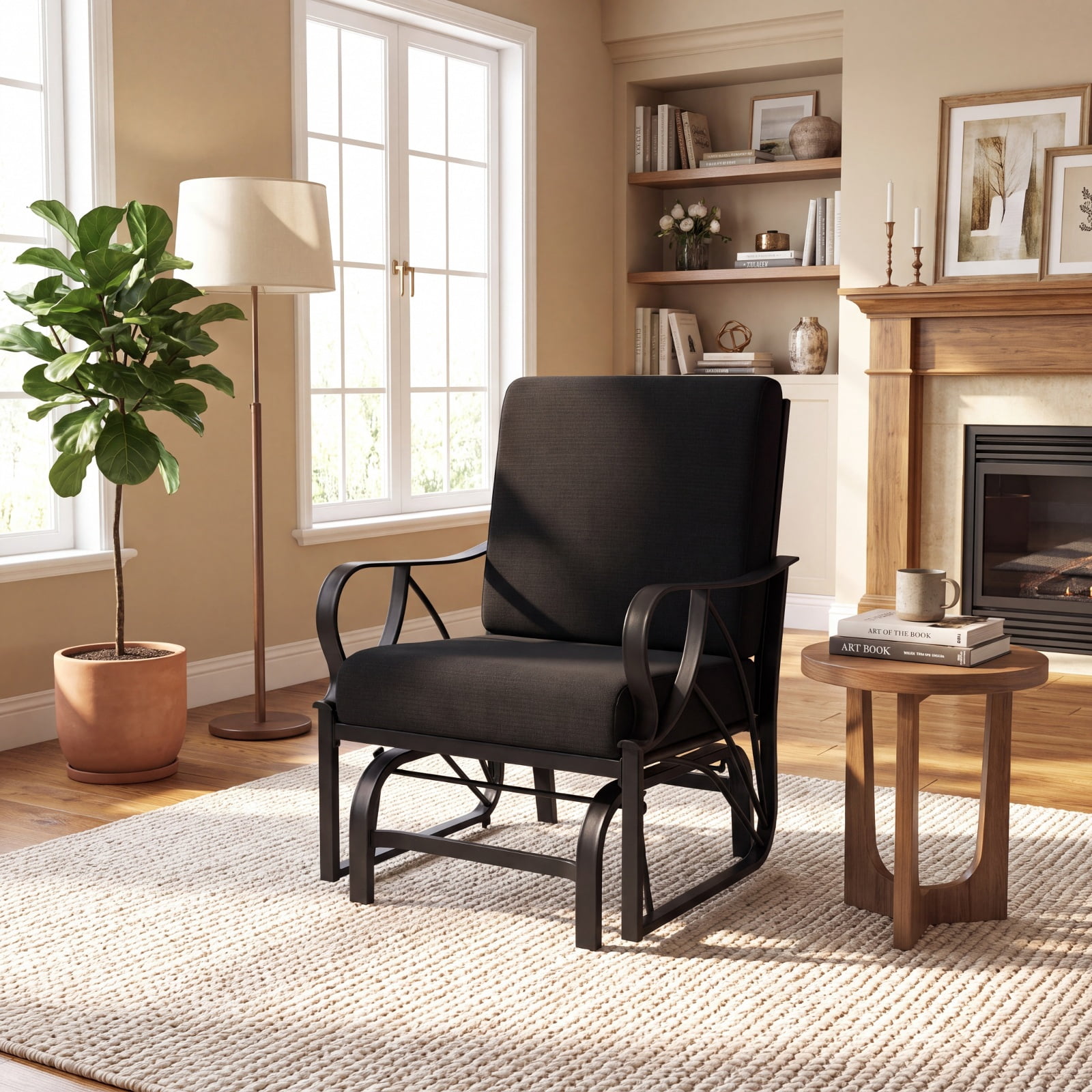 Furnibear Patio Glider Rocking Chair with Thick Cushion Curved Armrests Easy to Clean Metal Frame and Smooth Gliding Motion for Porch, Black