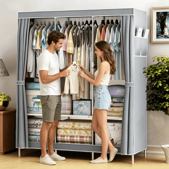Portable Closet Organizer with Shelves Dustproof Non Woven Fabric Wardrobe Storage for Bedroom Home Space Saving Clothing Rack