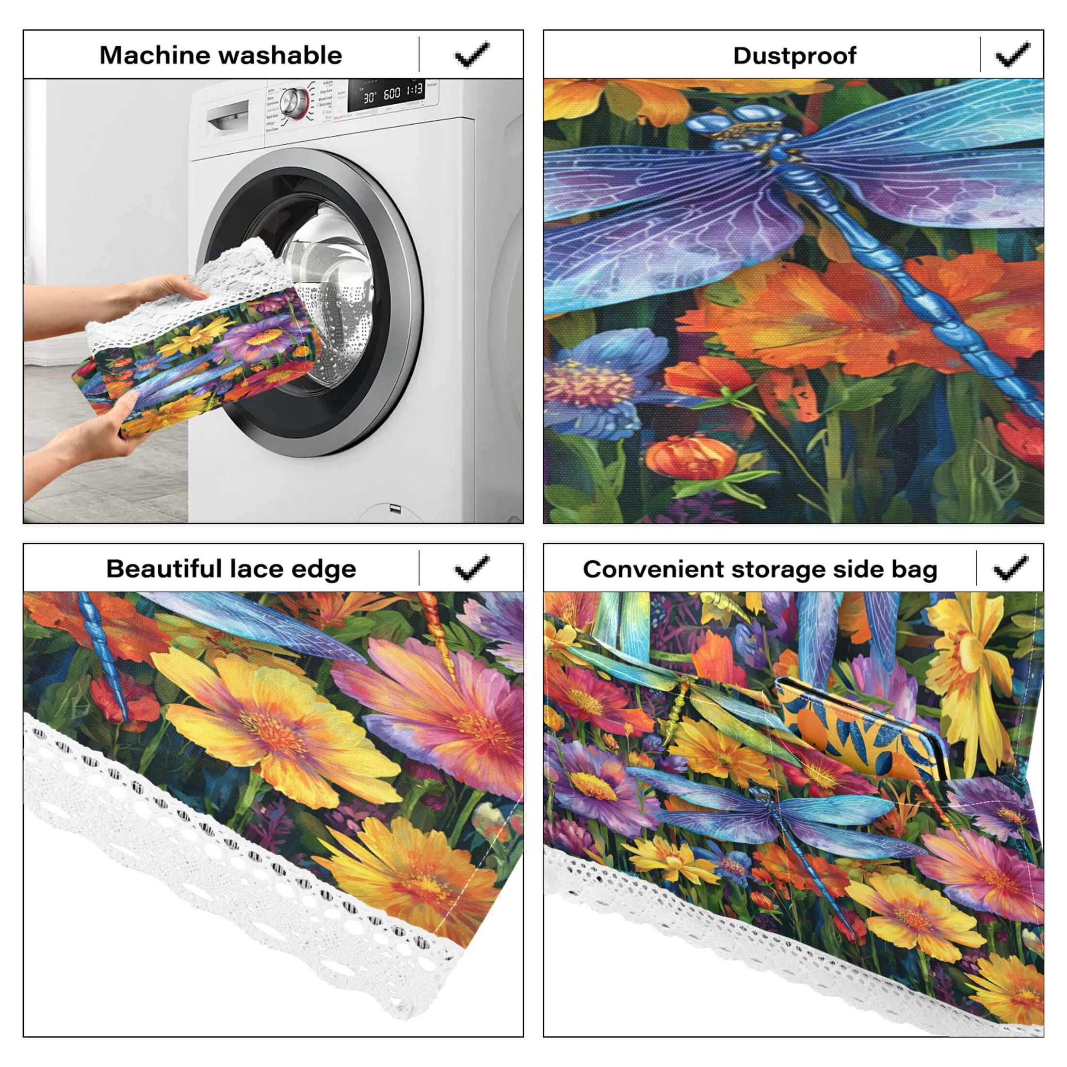 Wobogo Dragonfly Floral Breeze Washing Machine Cover Dustproof Washer Dryer Cover Waterproof Laundry Room Decorative Protector