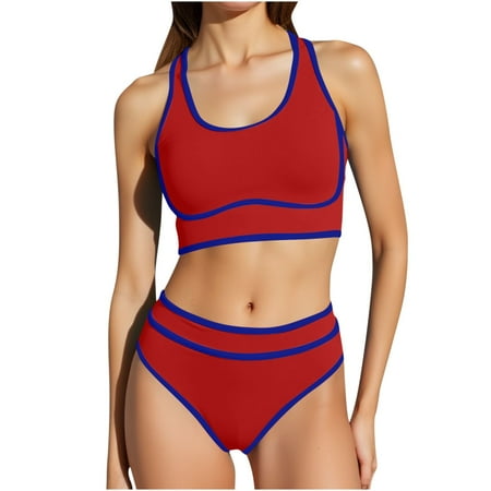 Oplxuo Women s High Waisted Bikini Sets Sporty Two Piece Swimsuits Color Block Cheeky High Cut Bathing Suits