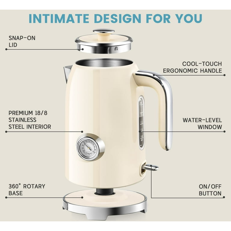 Pukomc Retro Electric Kettle Stainless Steel 1.7L Tea Kettle, Hot Water  Boiler with Temperature Gauge, Led Light, Fast Boiling, Auto  Shut-Off&Boil-Dry