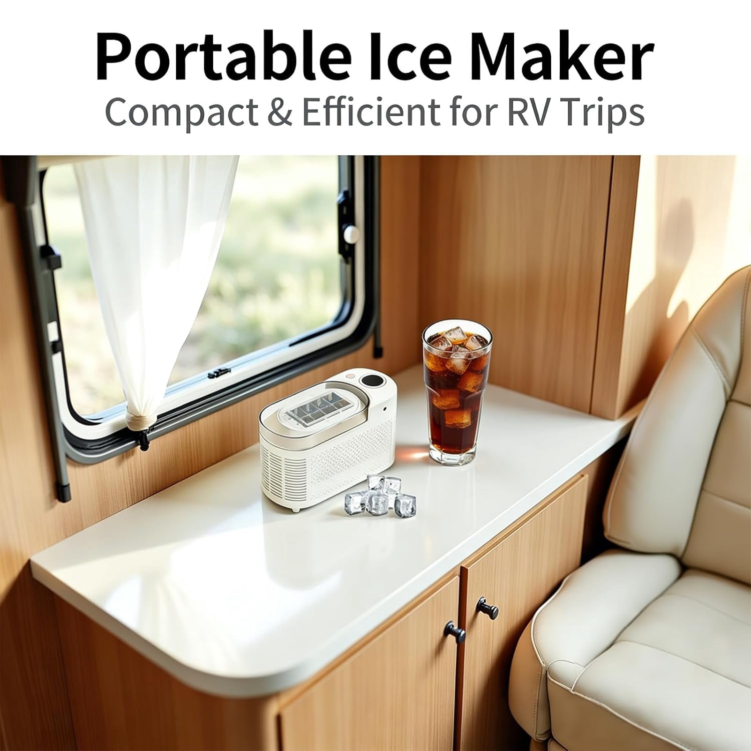 12V/AC Dual Power Quiet Compact Ice Machine with Clear Cover and Clip, Portable Small Ice Maker, Mini Ice Cube Maker Countertop, for Home Kitchen, Camping RV, Dormitory, Office (White)Q