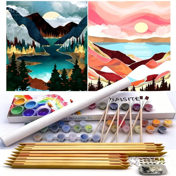 Paint by Numbers Kit for Adults Beginners,12" Wx16 L 2 Pack Canvas for Painting Kits for Adults in Colorful Box-Sunset Lake Mountains 1112-DIY Frame