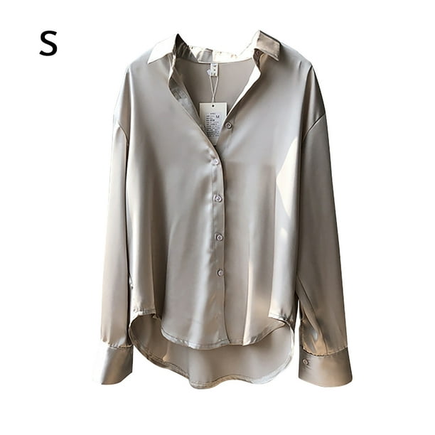 Blusa de mujer Camisa holgada de manga larga de satén Retro Girl Casual Top, Albaricoque, S Sweethay AP001166-01B